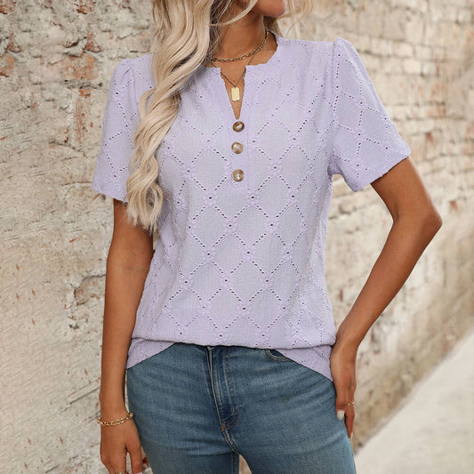 Round-neck short-sleeved floral jacquard T-shirt