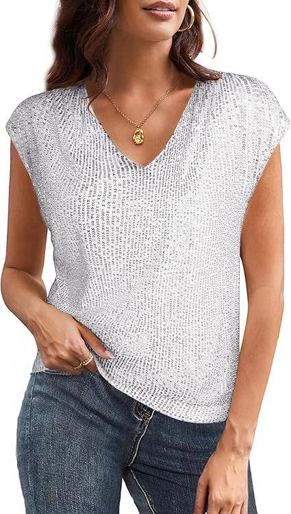 V-neck sequined short-sleeved slim-fit top