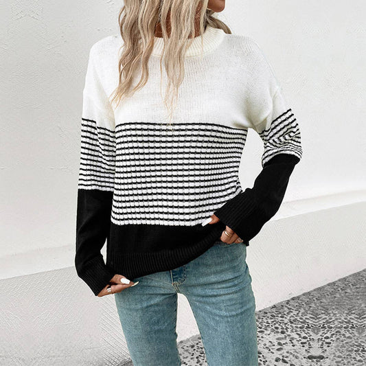 LONG SLEEVE CREW NECK SWEATER IN STRIPED COLOR