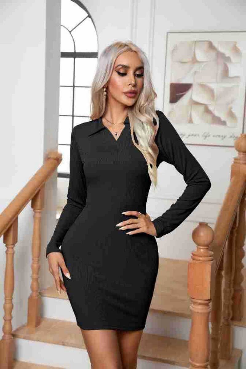 CWDSD7334_LAPEL LONG-SLEEVED RIBBED HIP DRESS