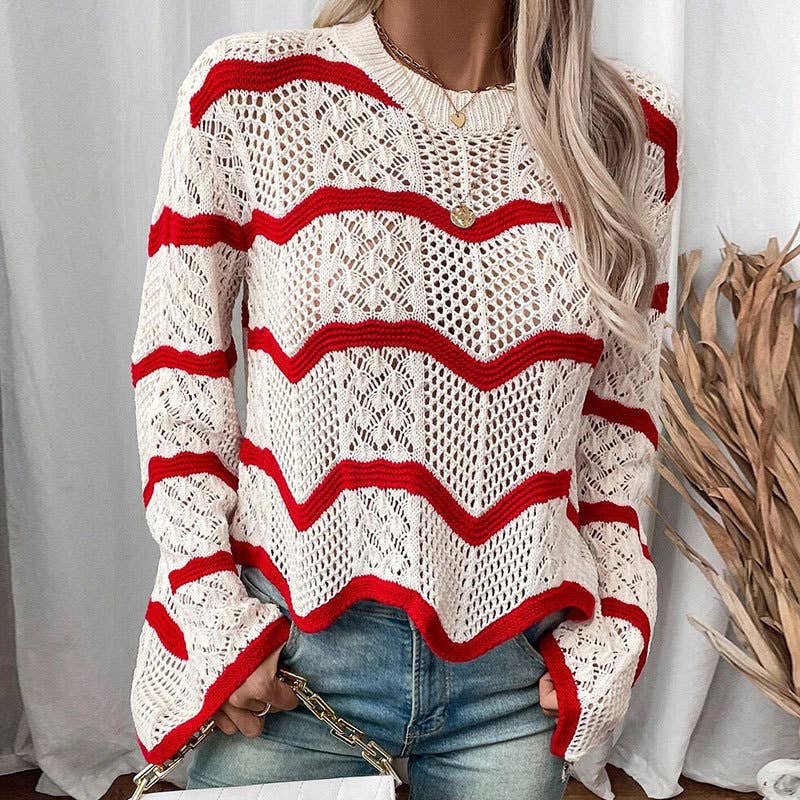 Wavy flared long-sleeved hollowed-out sweater