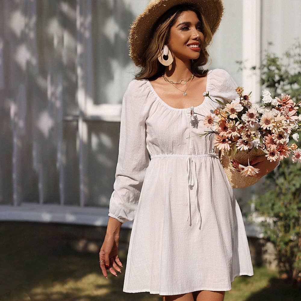 Square neck and a tight waist loose casual dress