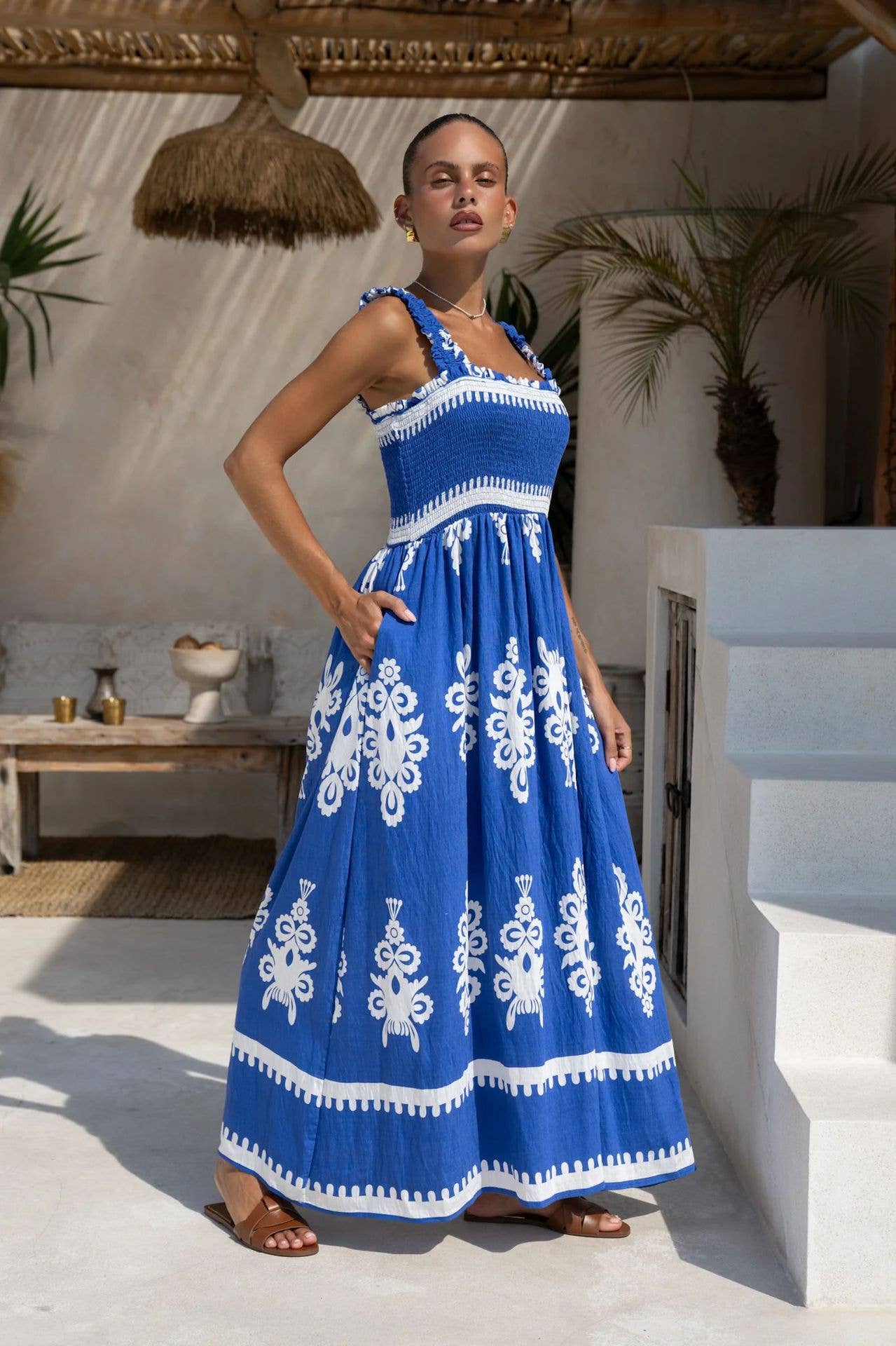 Ethnic-style printed loose-fitting halter dress