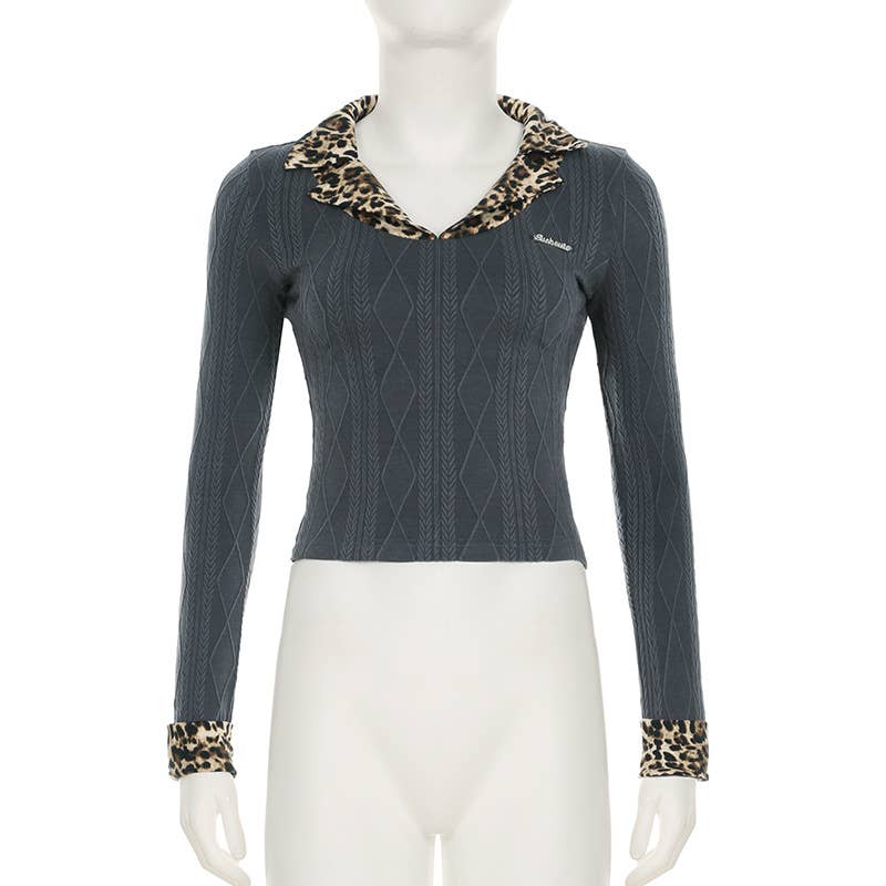 LEOPARD PRINT PATCHWORK KNIT LONG SLEEVE T-SHIRT