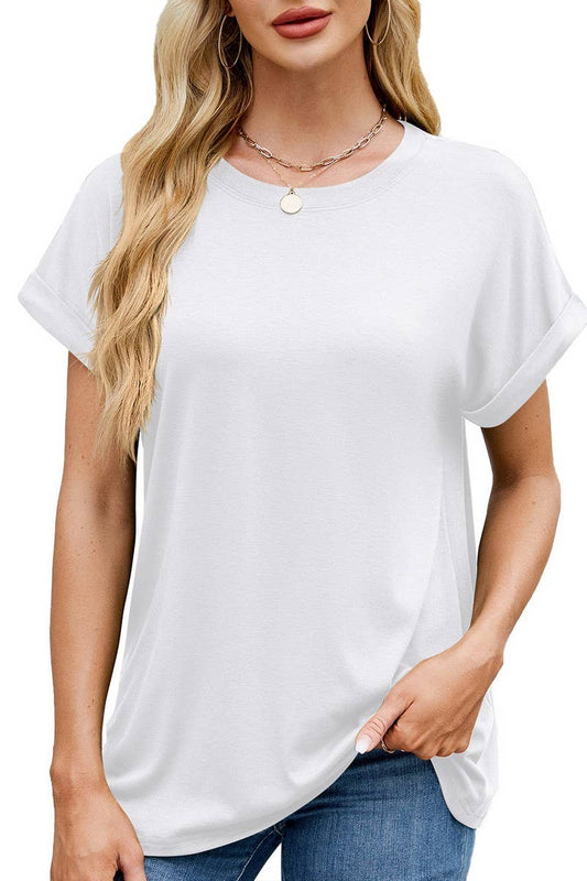 Cwtbls1728_Solid Color Round Neck T-Shirt Short Sleeve Top