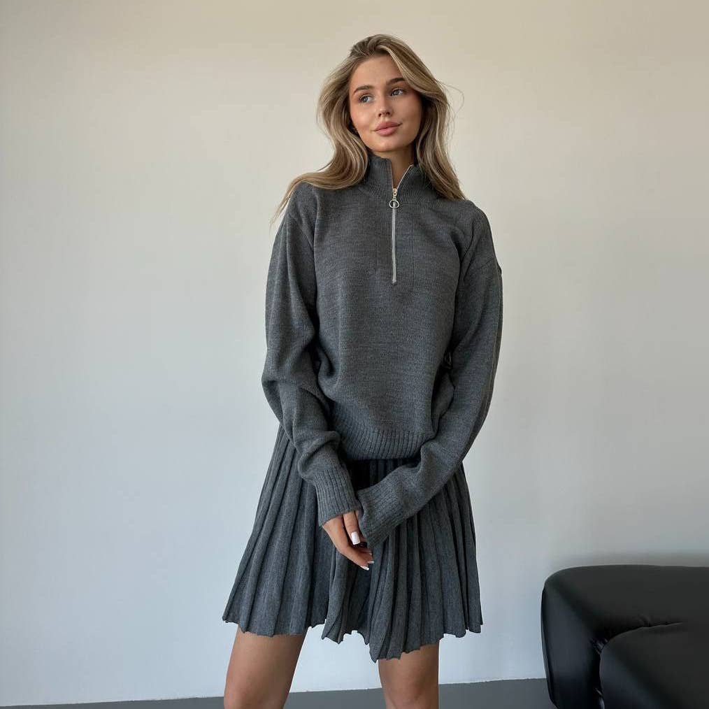 Two-piece knitted sweater and short skirt set