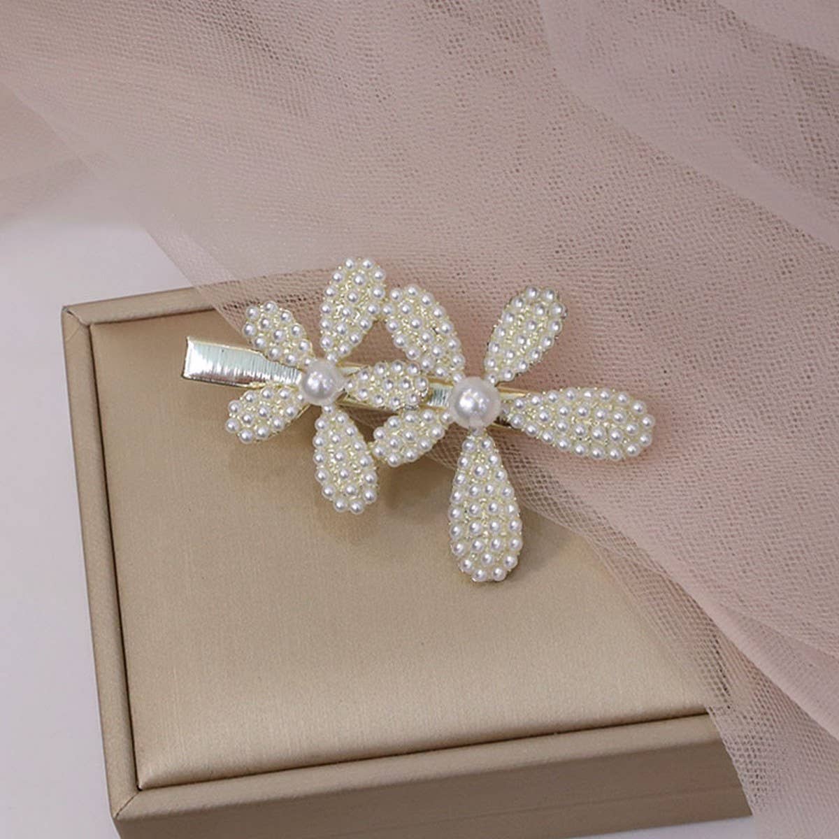 PEARL RHINESTONE FLOWER HAIRPIN DUCKBILL CLIP_CWAHA4741