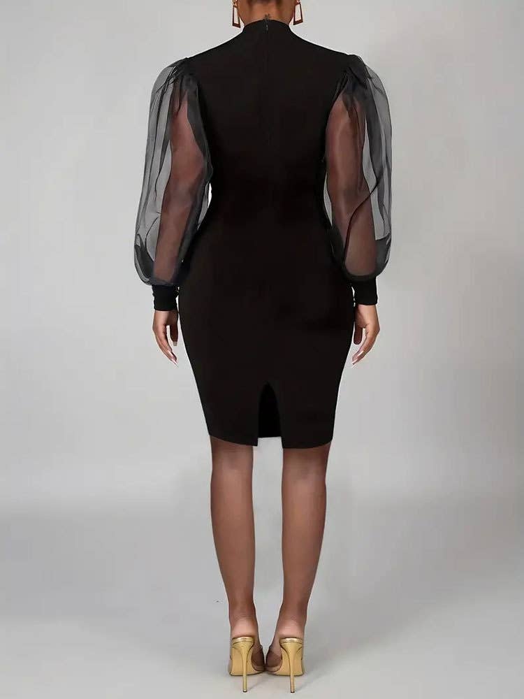 Stand-up collar lantern sleeve wrap hip dress