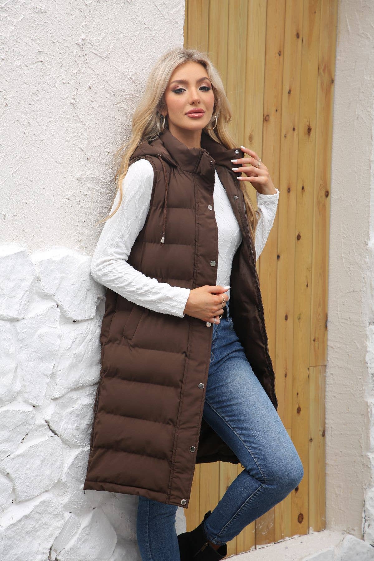 Solid-color hooded sleeveless cotton-padded vest