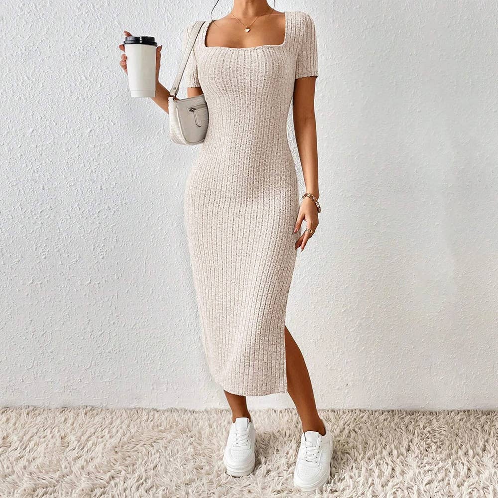 Slit wrap hip square collar knitted dress