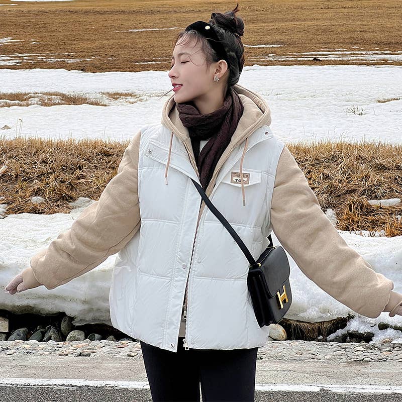 Fake two pieces loose contrast color padded coat