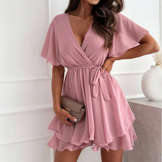 Short dress with V-neck cross-lacing ruffled hem