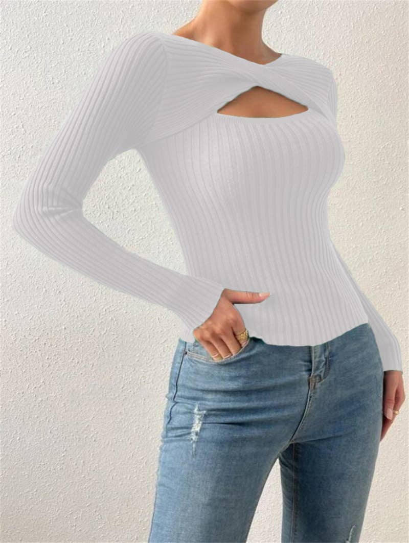 Sexy cut-out pullover solid-color knitted top