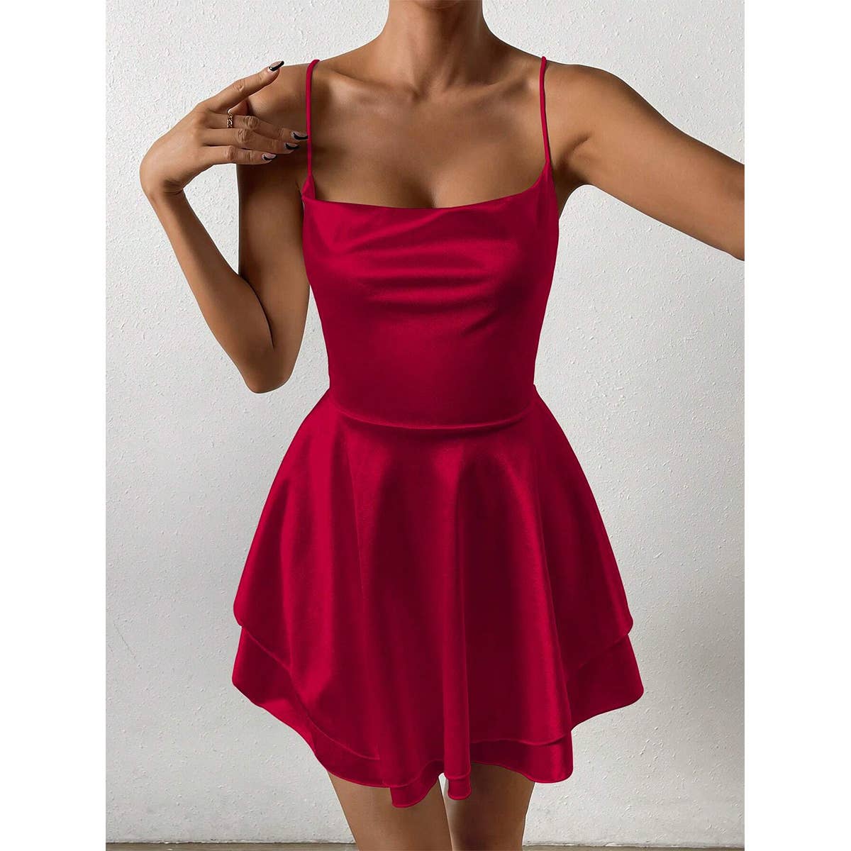 Sexy halter satin pure color ruffled short dress