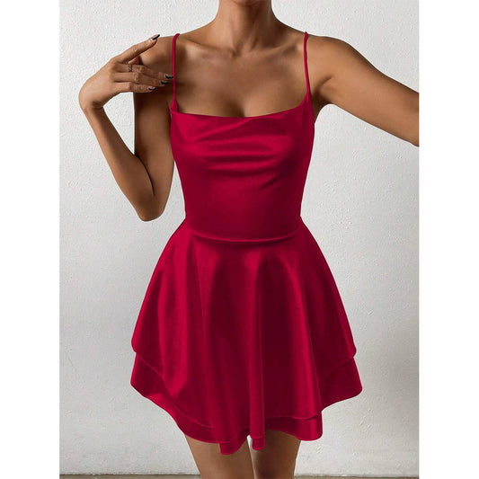 Sexy halter satin pure color ruffled short dress