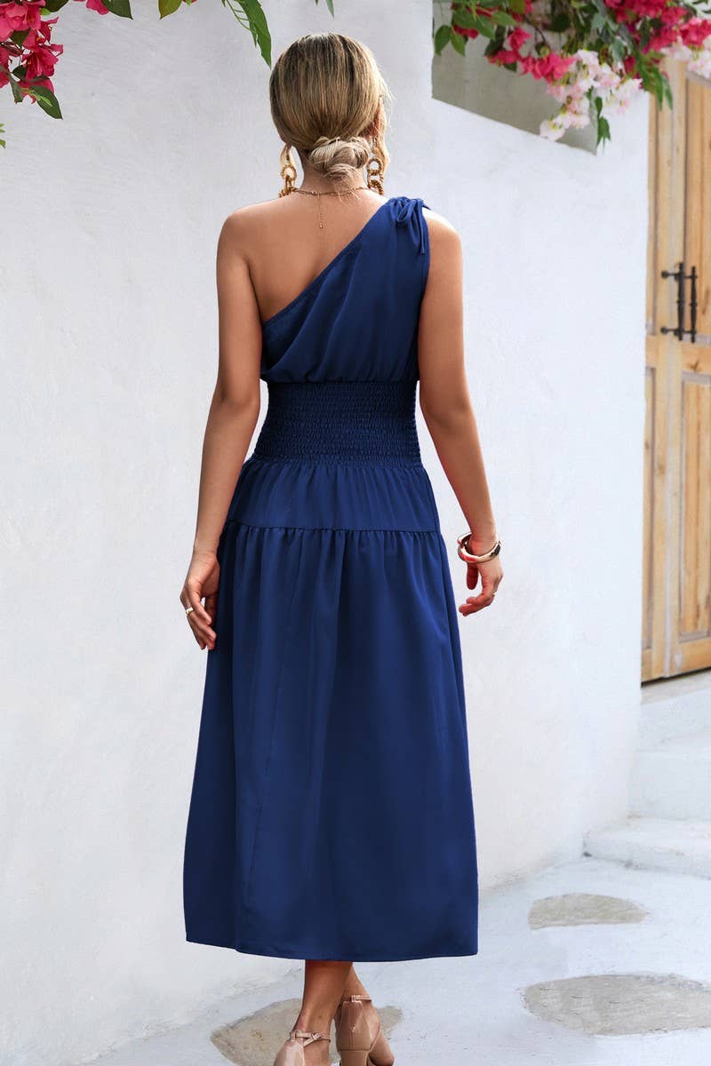 CWDMD2774_SOLID ONE SHOULDER PLEATED MIDI DRESS