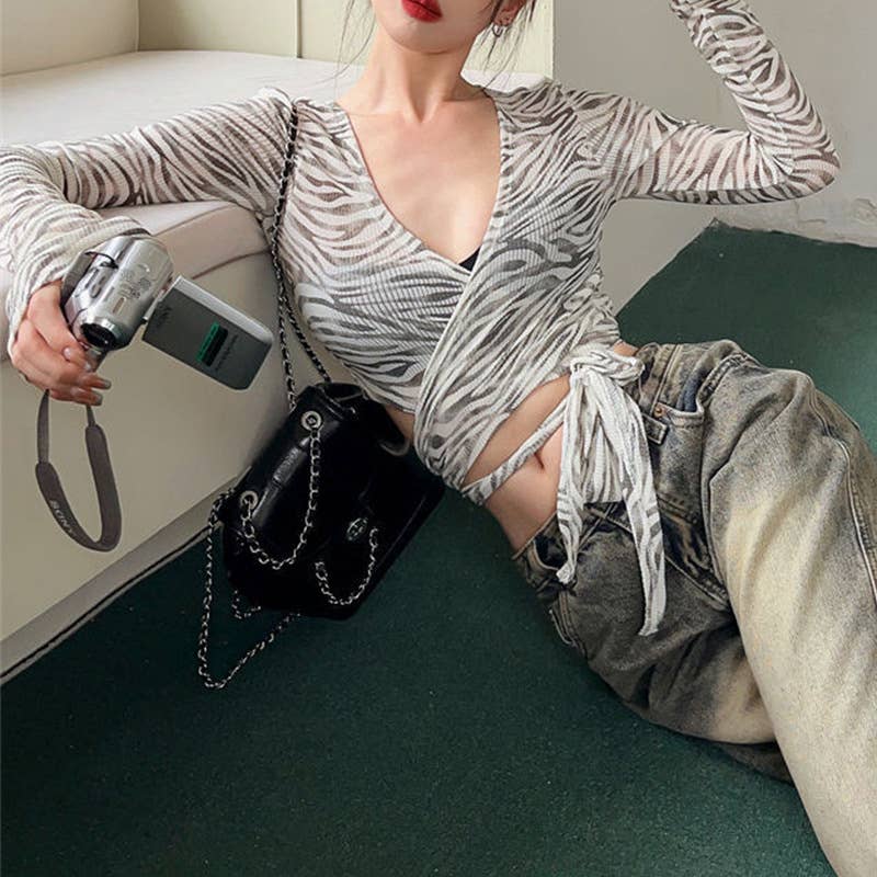 Sexy Zebra Print V-Neck Tie Front Open Cardigan