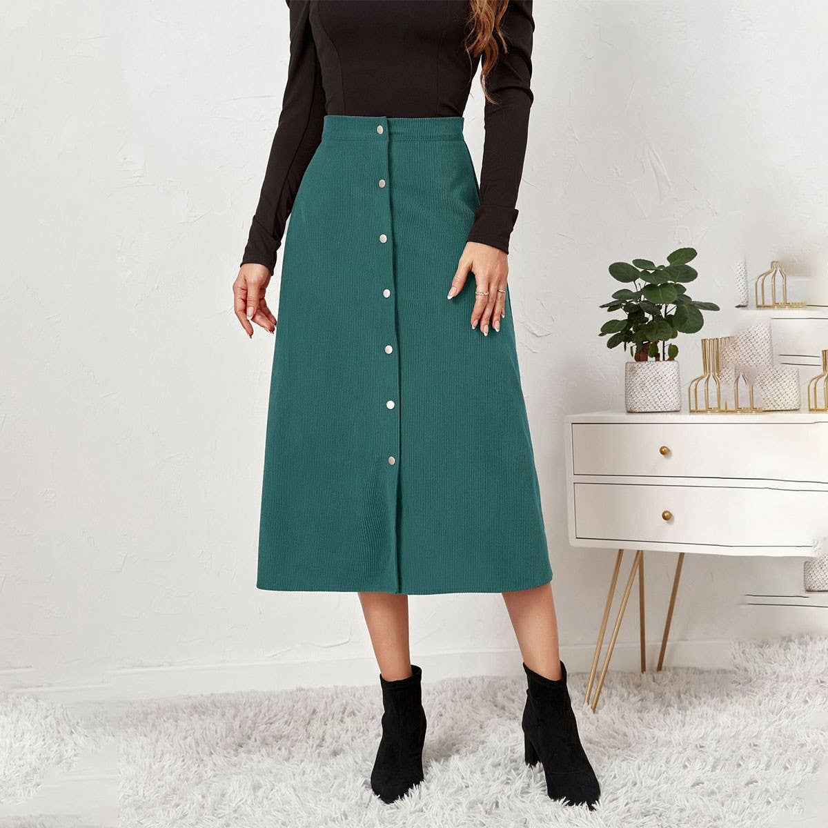 CORDUROY SKIRT SINGLE BREASTED HIGH WAISTLONGSKIRT