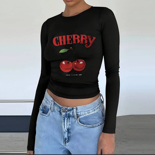 ROUND NECK CHERRY PRINT LONG SLEEVE T-SHIRT