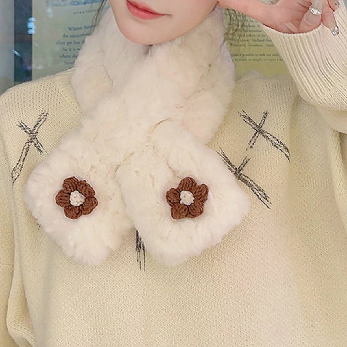Brown Floral Fuzzy Scarf - Neck Wrap for Students_CWASC1251