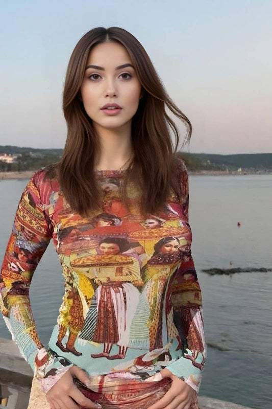 Cwttl2063_Long-Sleeved Mesh Abstract Print Slim Fit T-Shirt