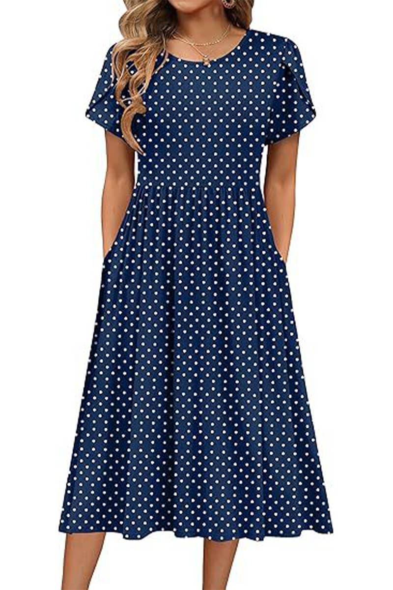 CWDMD6365_ROUND NECK PETAL SLEEVES MIDI PRINT DRESS
