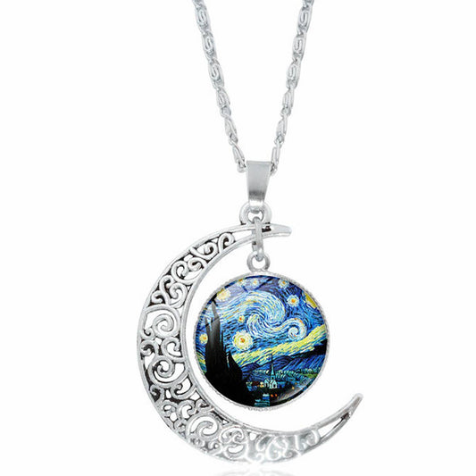 HOLLOW OUT MOON GEM PENDANT NECKLACE