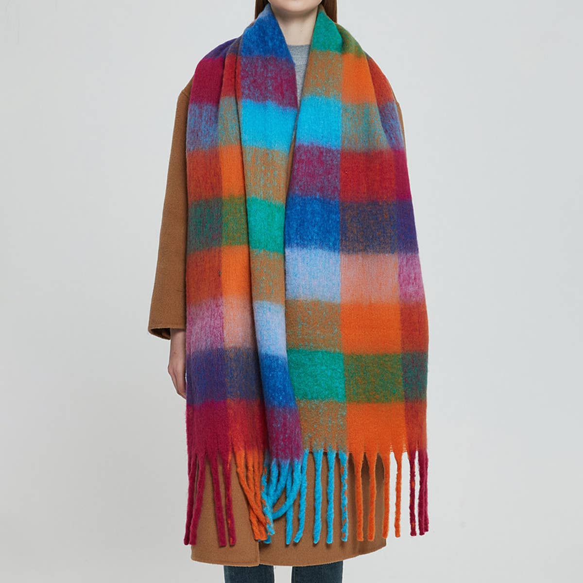 Chunky Plaid Mohair-Look Scarf with Fringes