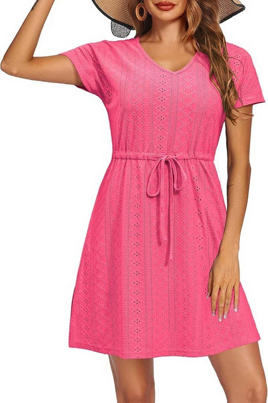 CWDSD8710_EYELET V-NECK CINCHED WAIST BEACH COVER UP DRESS