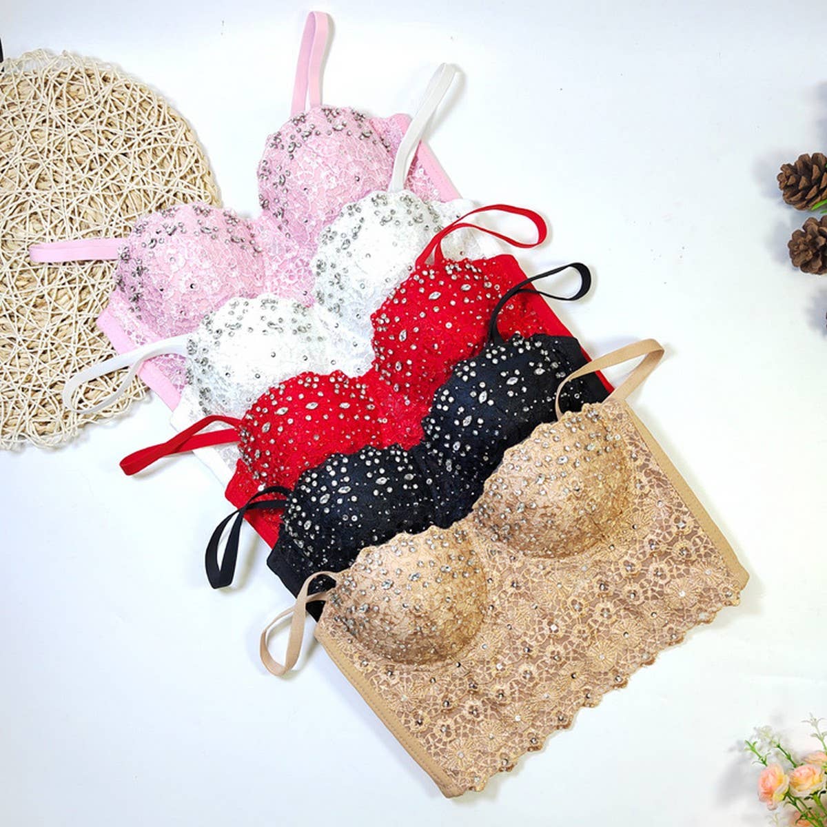 LACE SUSPENDER DIAMOND BEADED HERRINGBONE BRA