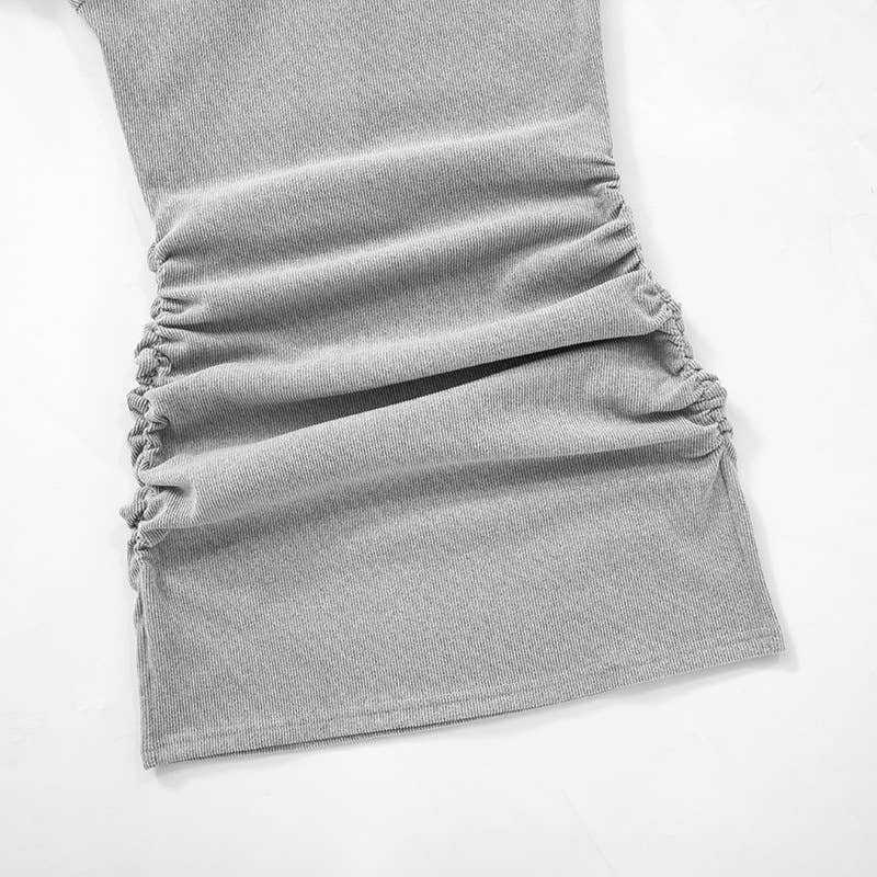 SOLID COLOR ROUND NECK LACE PLEATED SHORT DRESS