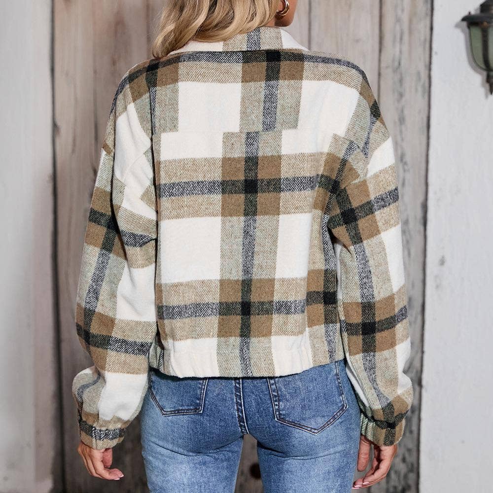 Printed Plaid Jacket With Zipper Pocket