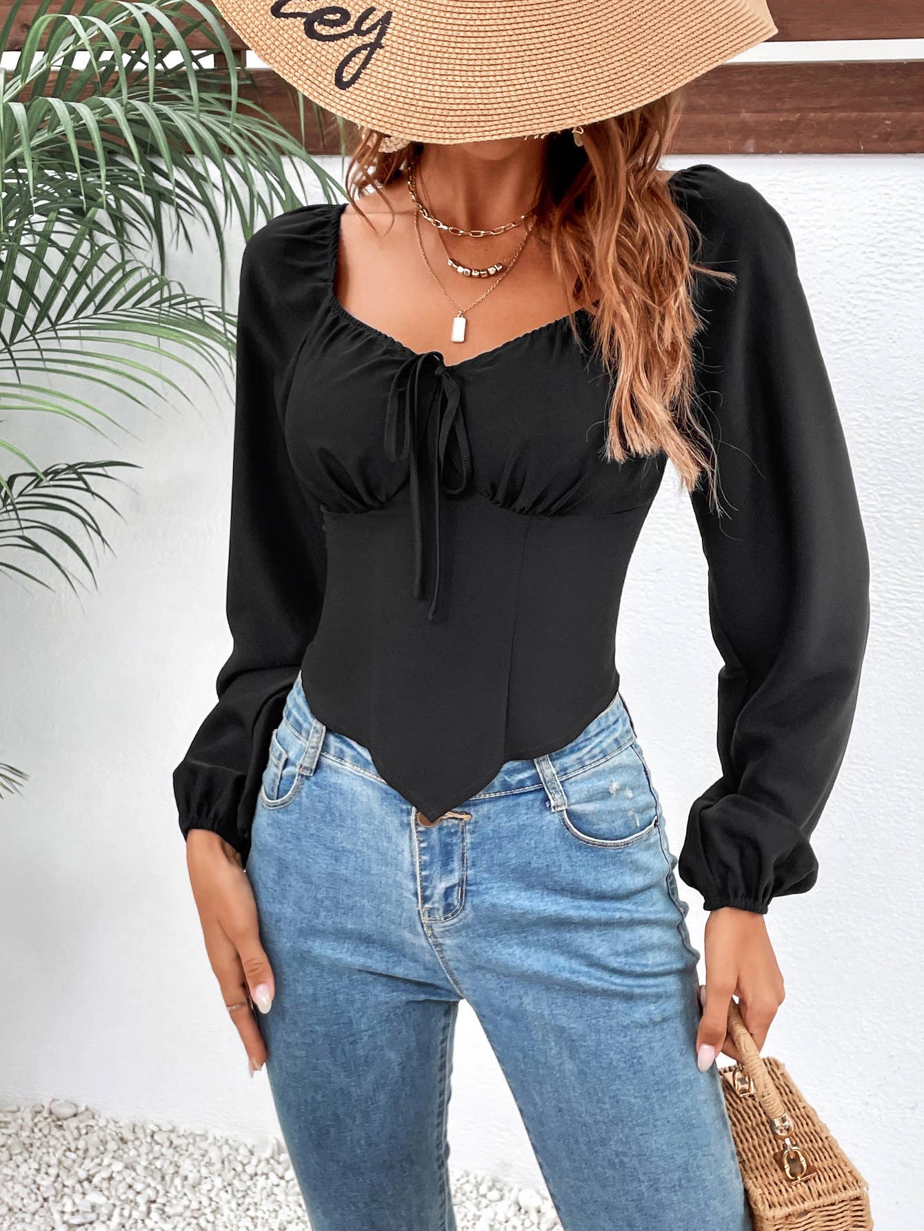 Slimming puffed-sleeve long-sleeved sexy top