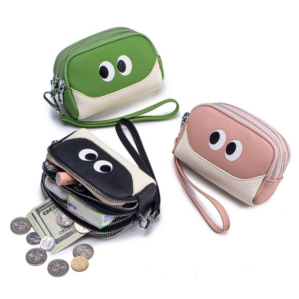 Cute Mini Leather Wristlet ? Triple Zipper Pouch_CUAB00380