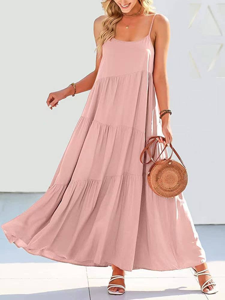 Pleated loose solid-color long beach halter dress