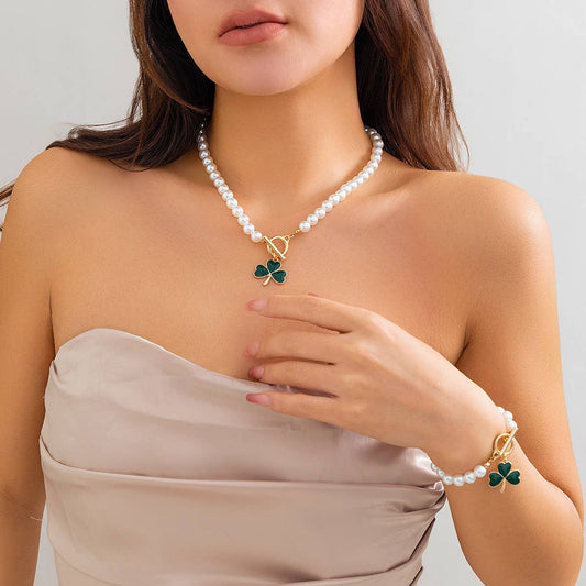 CLOVER PEARL NECKLACE BRACELET SET