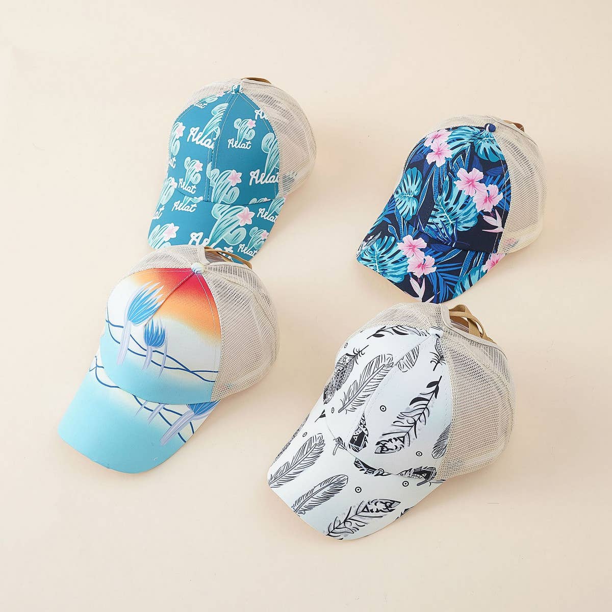 WOMEN FLORAL PONYTAIL VISOR BASEBALL CAP_CWAH1405