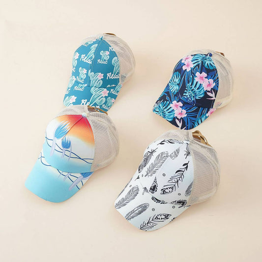 WOMEN FLORAL PONYTAIL VISOR BASEBALL CAP_CWAH1405