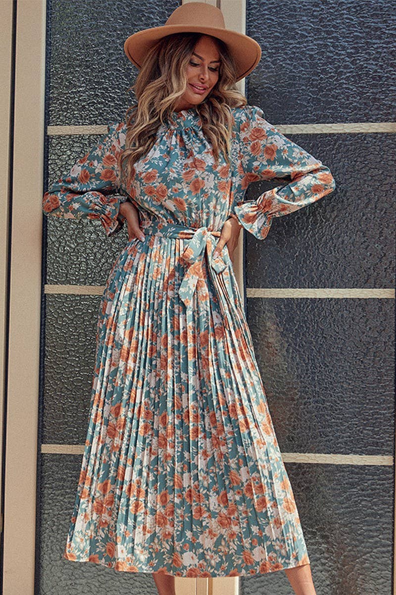 CWDMD3733_PRINTED LACE-UP PLEATED LONG DRESS