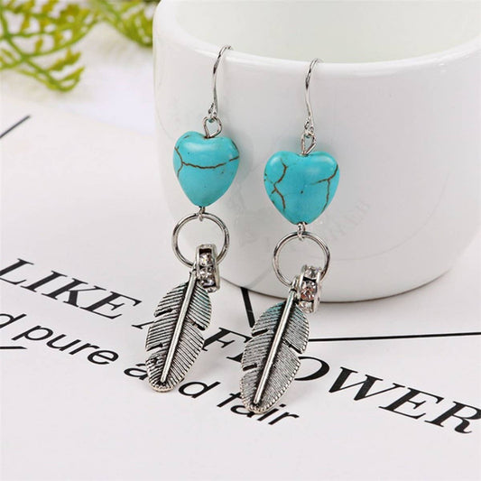 VINTAGE HEART PENDANT FEATHER EARRINGS