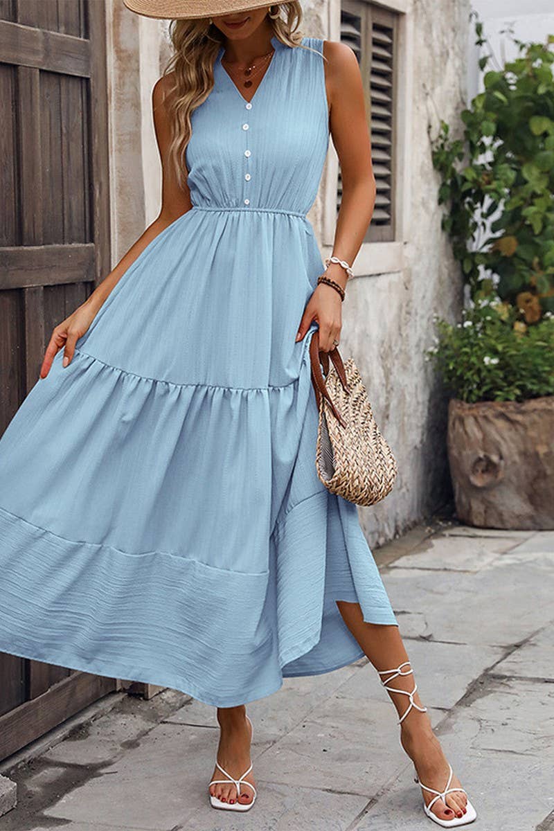 CWDMD5280_V-NECK SOLID SLEEVELESS STAND COLLAR A-LINE DRESS