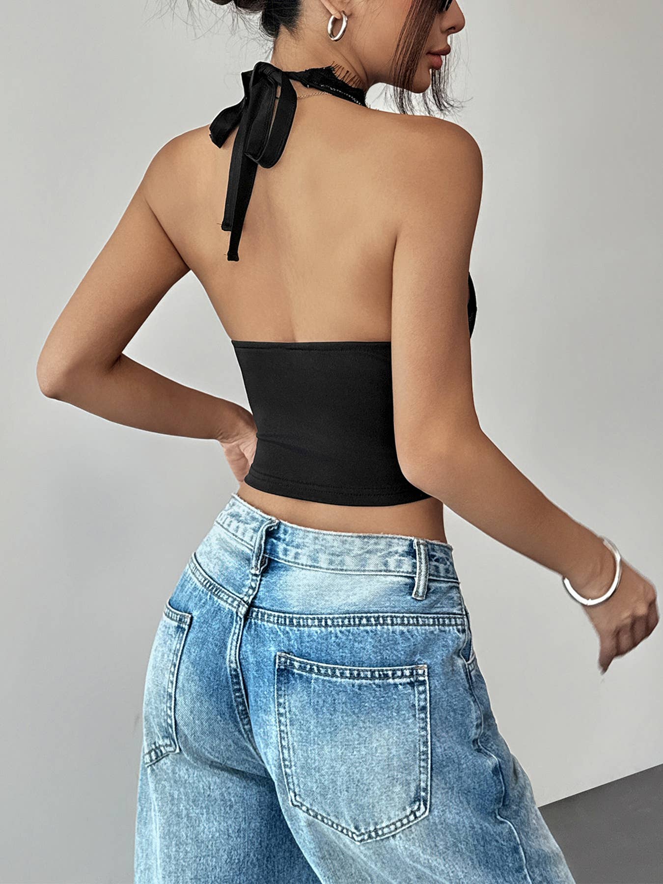 Sexy, form-fitting deep V-neck lace halter top