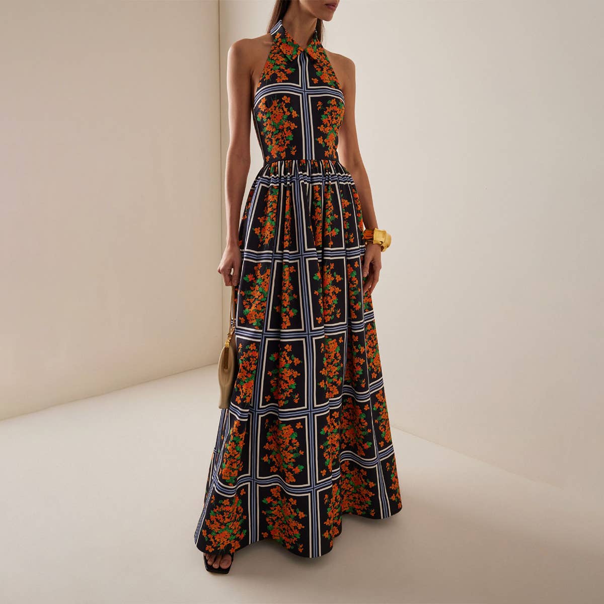 Sexy halter lapel print long elegant halter dress