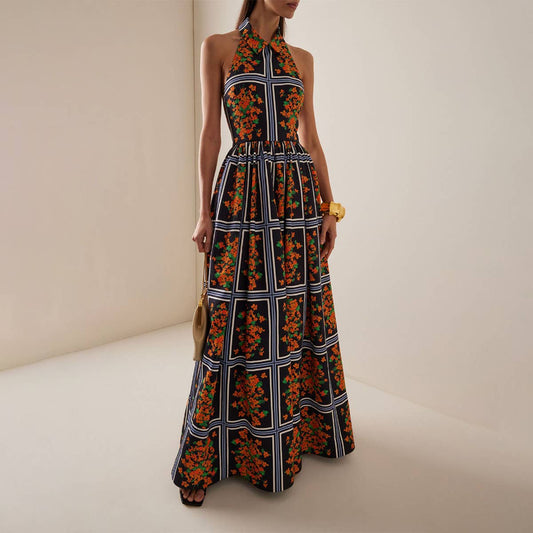 Sexy halter lapel print long elegant halter dress