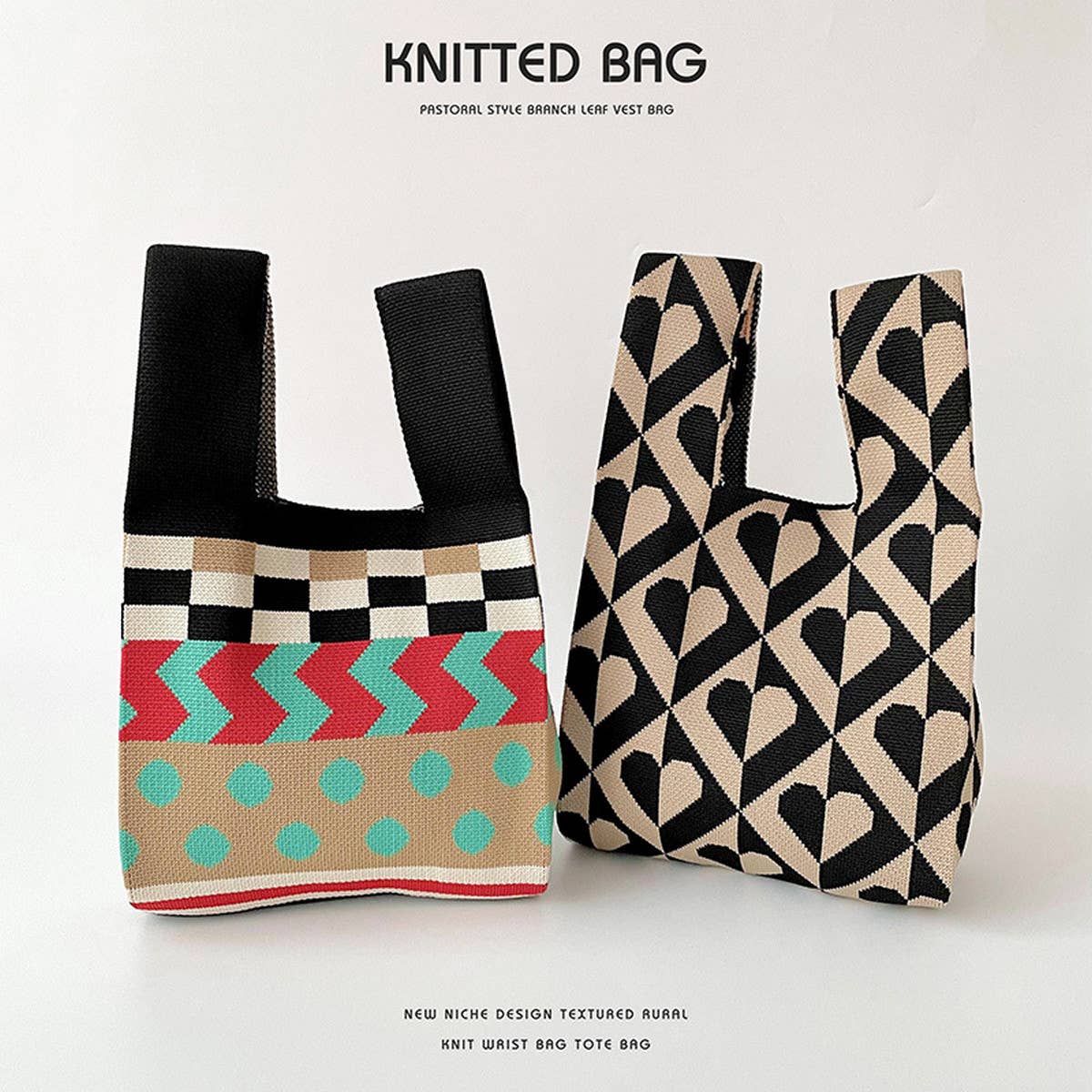 COLOR BLOCK POLKA DOT KNITTED SHOULDER TOTE BAG_CWAB1500