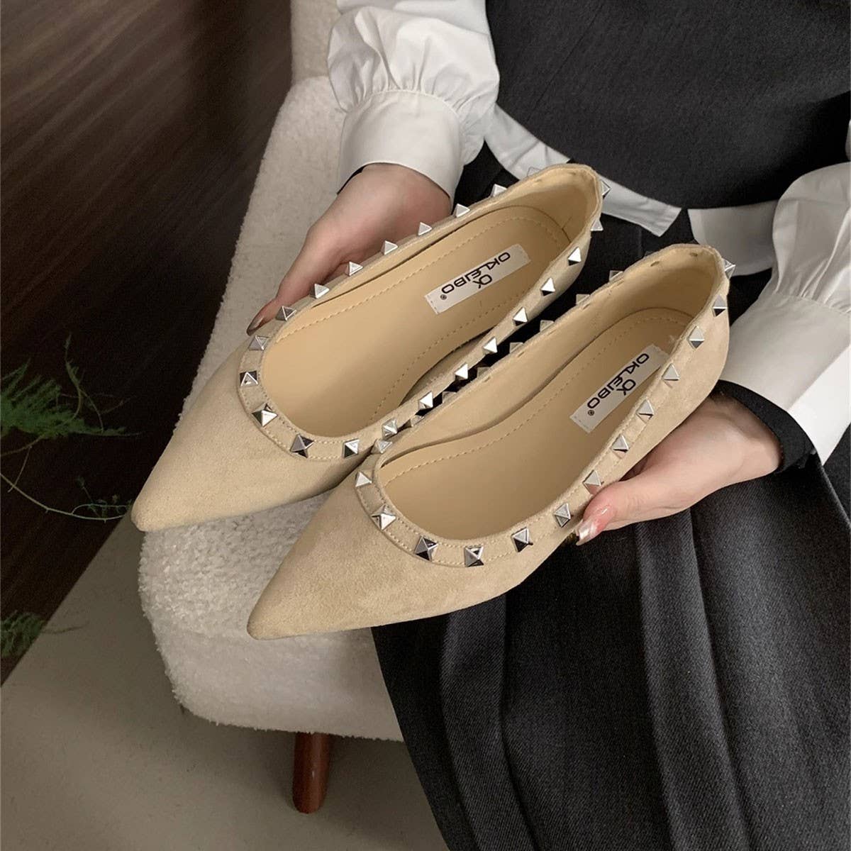 Wedge Pointed Studded Apricot Loafers