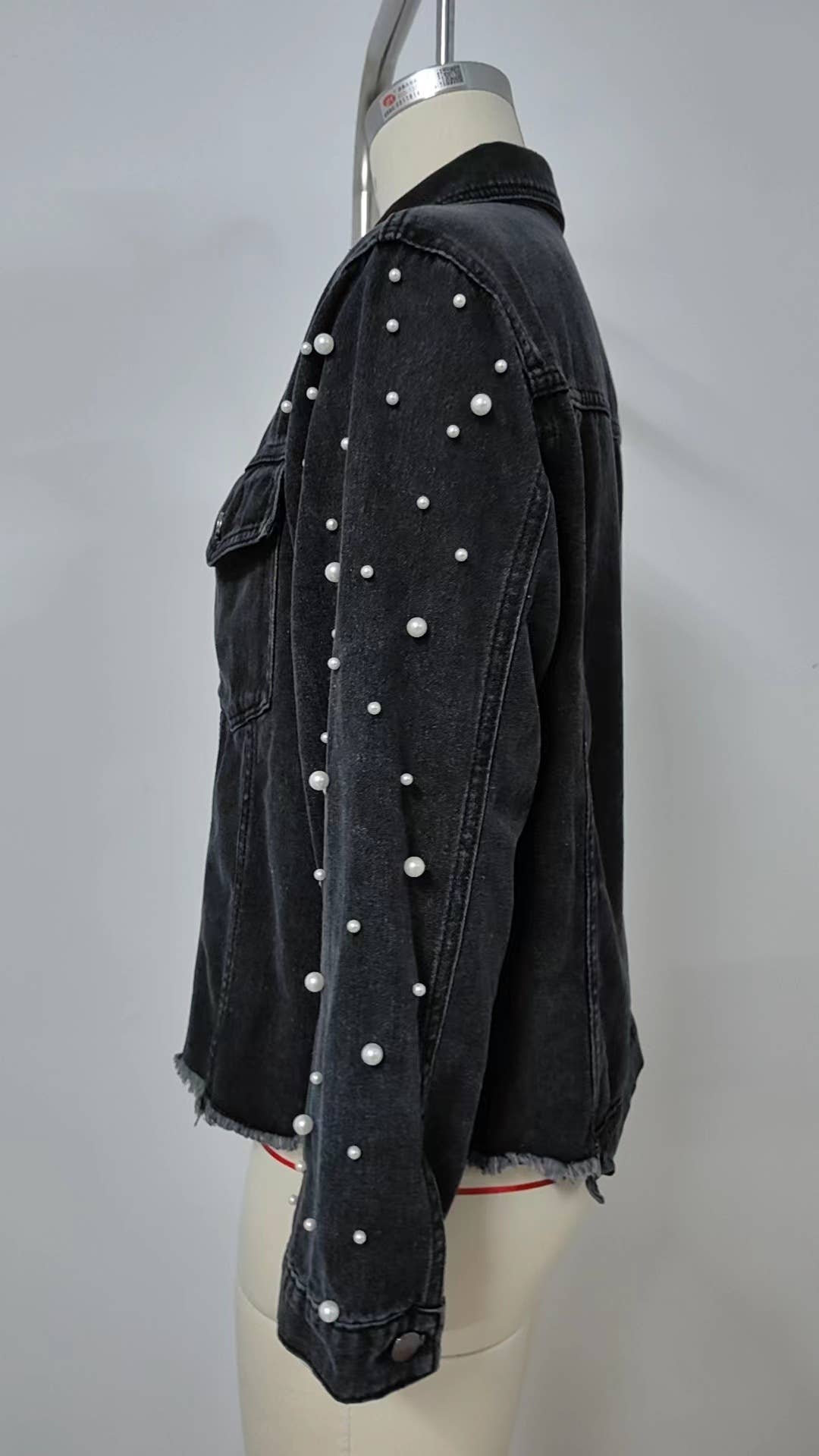 Washed beaded long-sleeved casual denim jacket