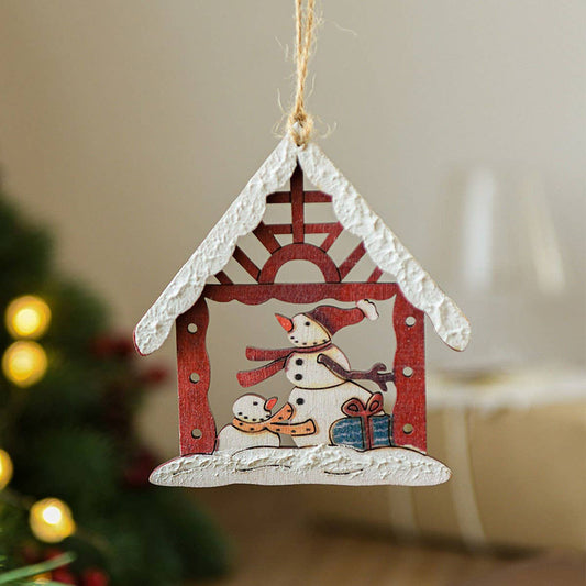 Wood House Painted Xmas Tree Hanging Ornament_CWMM9672