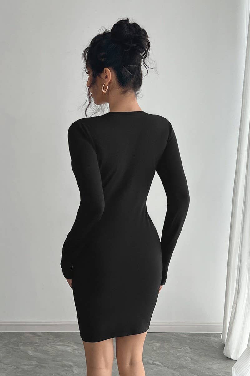 CWDSD8290_SOLID MESH PANEL LONG SLEEVE DRESS