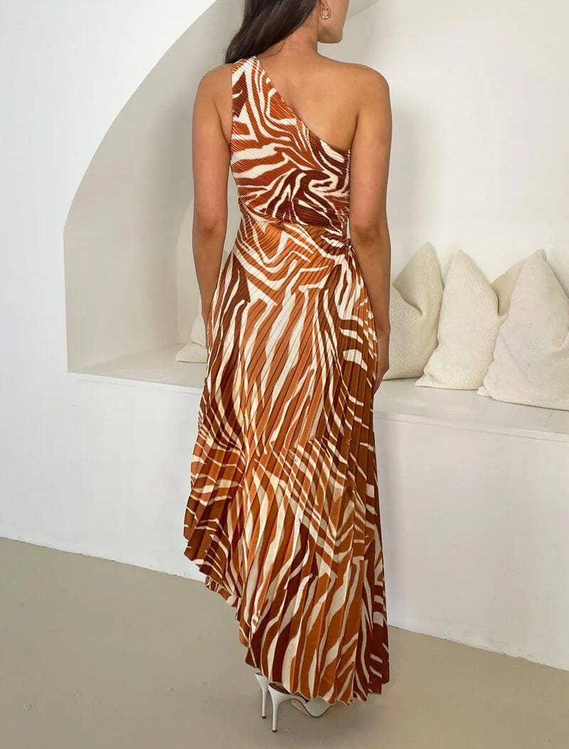 One-shoulder sleeveless lace-up press print dress